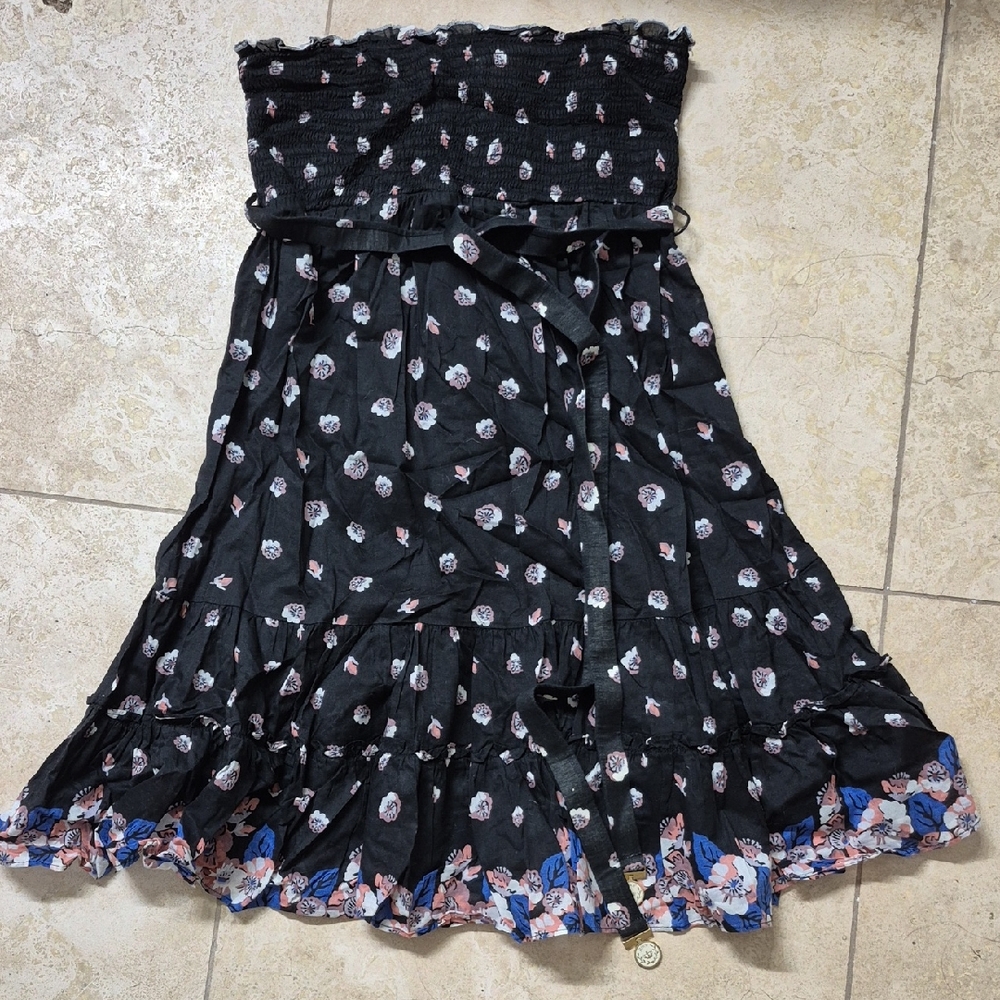 JUICY COUTURE strapless Dark floral Dress S smocked tiered Ruffle hem Black Mini
